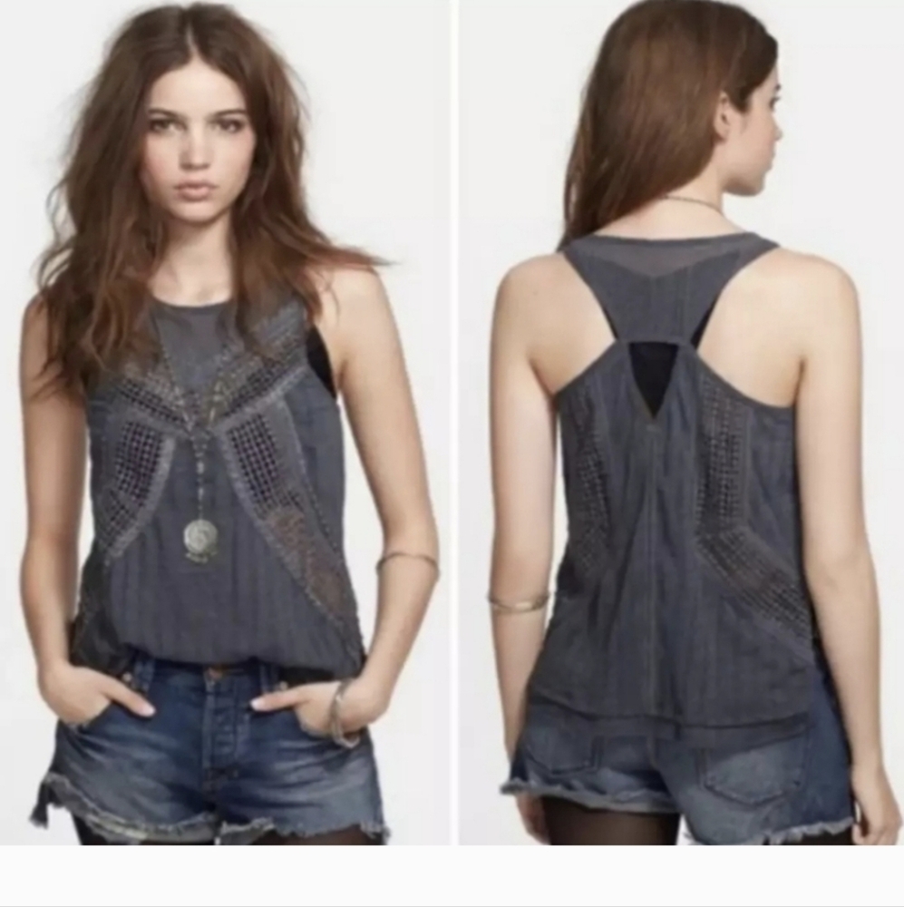 Free People Grey Trinity Boho Sleeveless  Beaded Open Weeve Tank Blouse Large